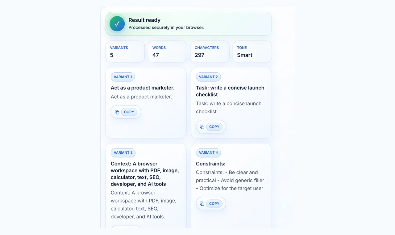 AI prompt generator result panel with variants, word count, tone, and copy controls.
