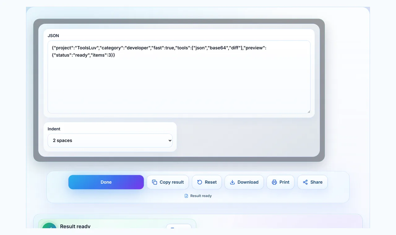 JSON formatter workspace with sample JSON, indent controls, and formatted result controls.