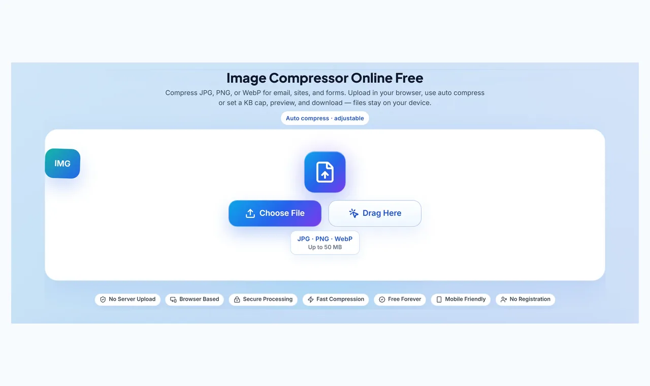 Image compressor workspace with upload controls and browser processing badges.