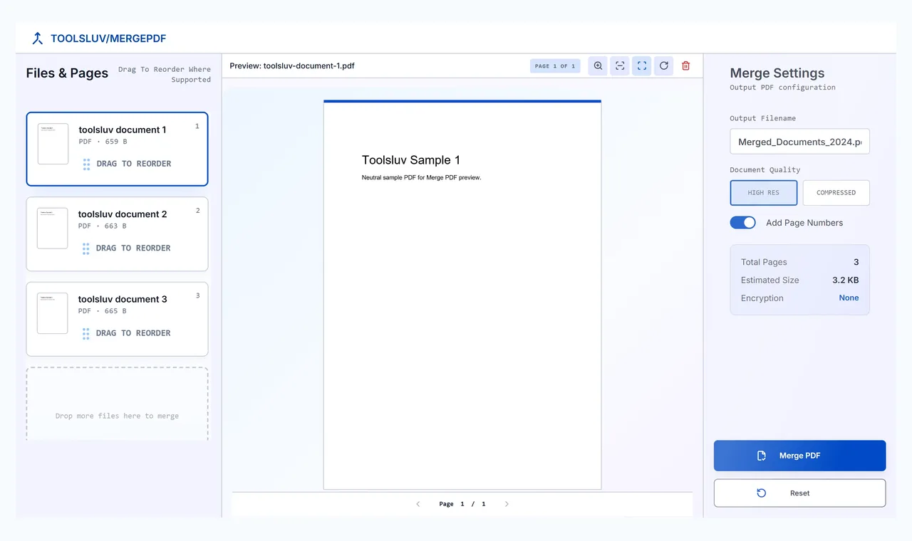 Merge PDF workspace showing sample PDF files, document preview, and merge settings.