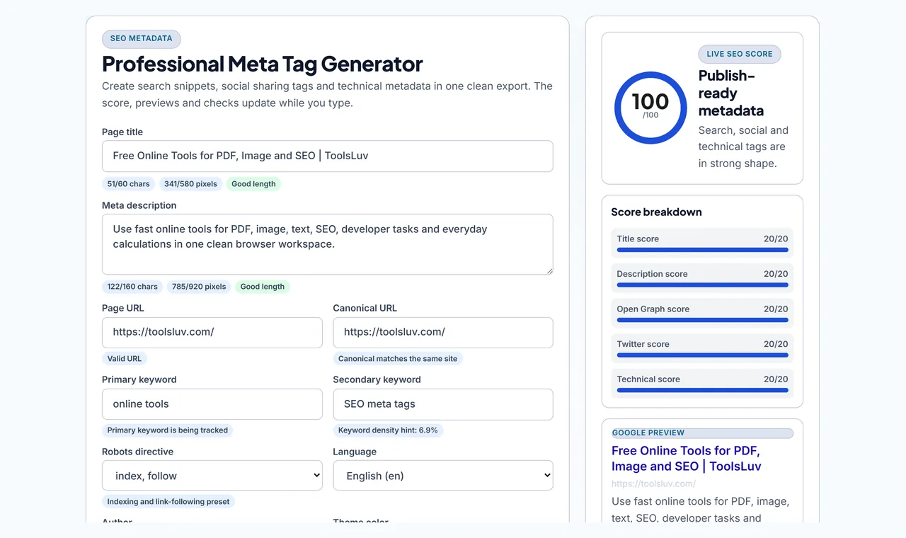Meta tag generator workspace with metadata fields, SEO score, and search preview.