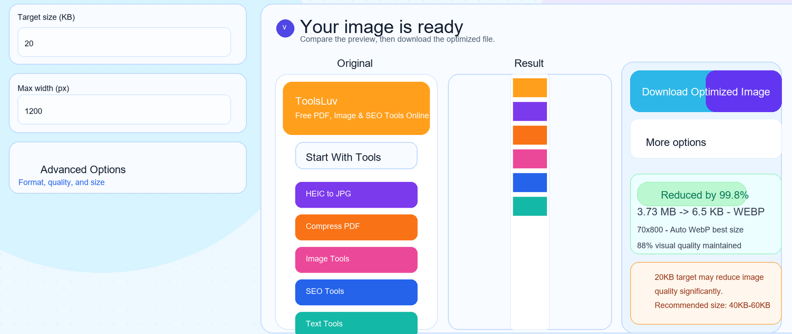 ToolsLuv compressed image result screen with original and optimized preview