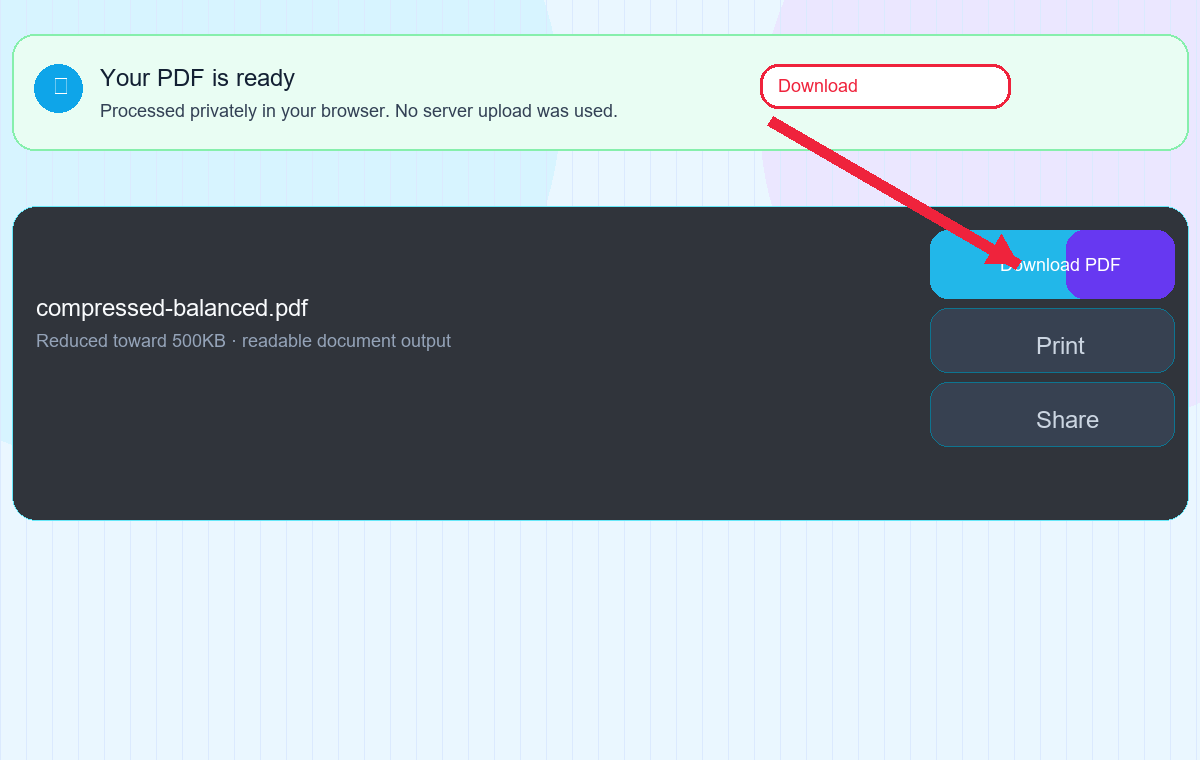 Download compressed PDF file after reducing size to 500KB