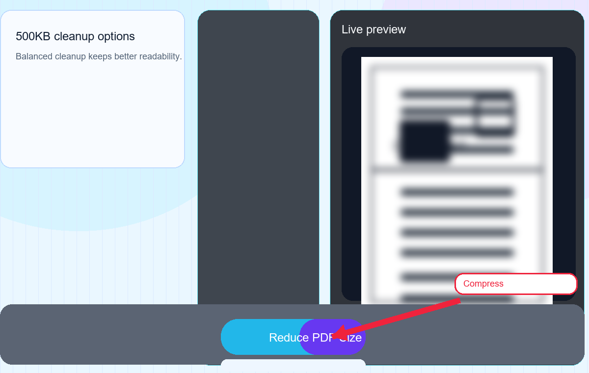 Compress PDF to 500KB button highlighted on ToolsLuv