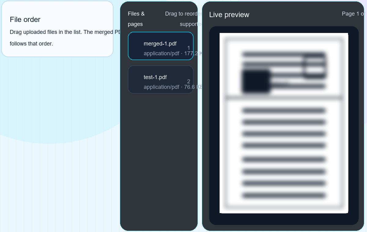Merge PDF upload and reorder screen preview